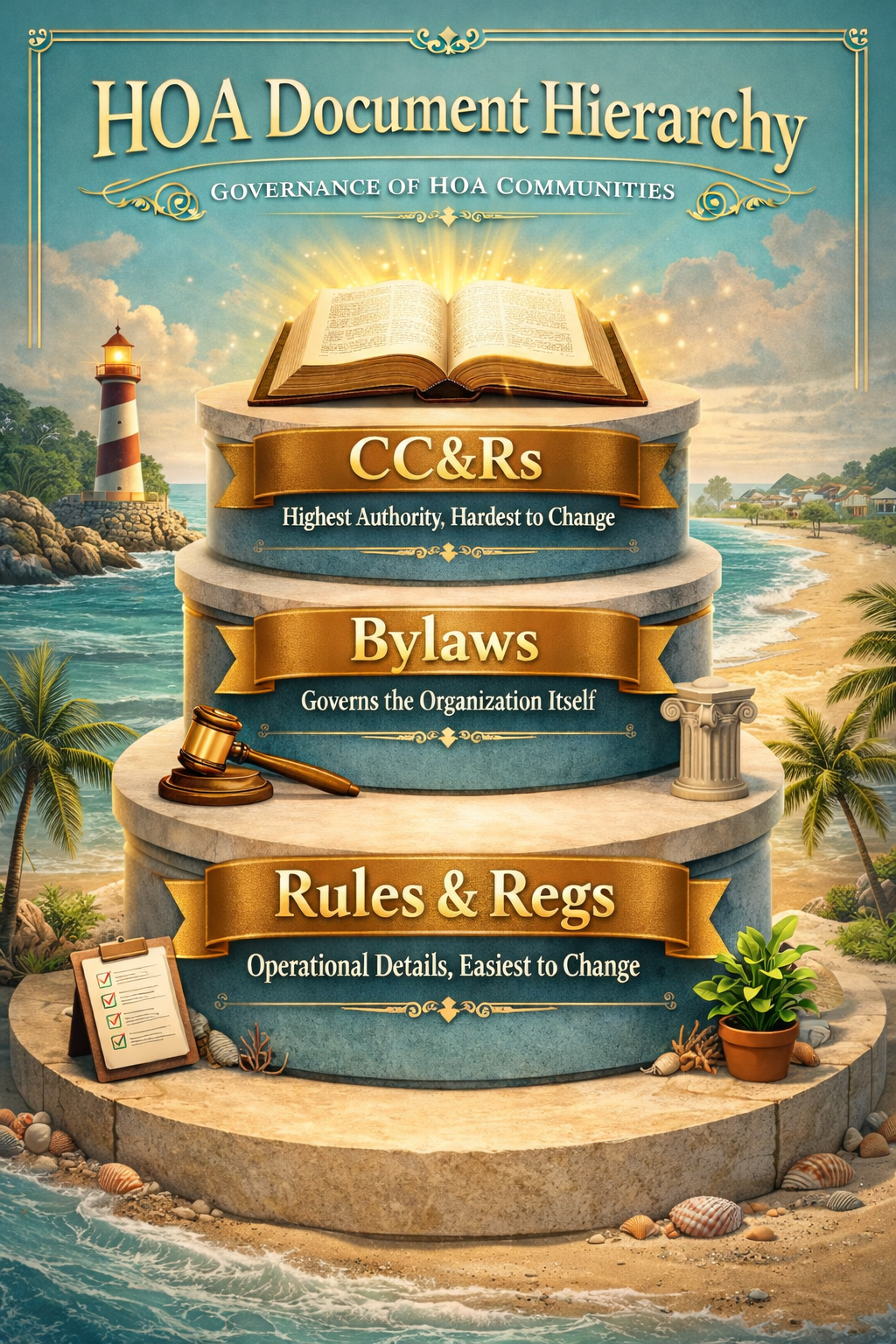 HOA Document Hierarchy: a three-tier pyramid showing CC&Rs at the top (highest authority, hardest to change), Bylaws in the middle (governs the organization itself), and Rules & Regulations at the bottom (operational details, easiest to change).